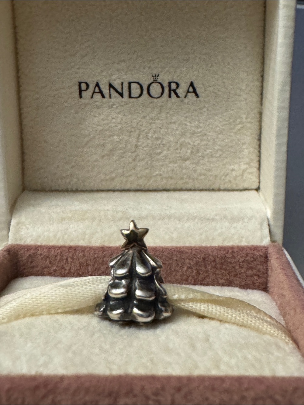 Pandora Silver Christmas Tree Charm with Gold Star Accent